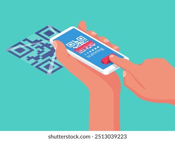 QR-Code wird auf dem Mobiltelefon gescannt. Smartphone in der Hand. Vektorgrafik isometrisches Design. Einzeln auf Hintergrund. Moderne Digitaltechnik. Produktidentifizierung auf einer großen Schachtel.