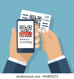 Scanning QR code on mobile phone. Modern digital technology. Scanning with card quick code on smartphone. Vector illustration flat design. Isolated on background.