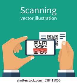 Scanning QR code on mobile phone. Modern digital technology. Scanning with card quick code. Smartphone in hand horizontal. Vector illustration flat design. Isolated on background.