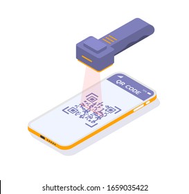 Scanning a QR code on phone application. Modern vector isometric illustration. Include scanner and smartphone with QR code.  