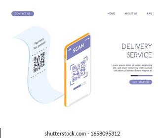 Scanning a QR code on a receipt. Modern vector isometric illustration. Include scanner and receipt with QR code.  