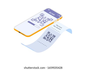 Scannen eines QR-Codes auf einer Quittung. Moderne Vektorillustration isometrische Abbildung. Scanner und Quittung mit QR-Code einbeziehen.  