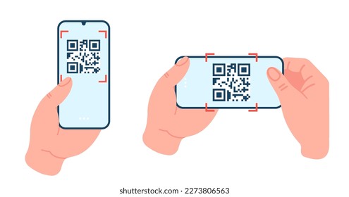 Scanning QR code on screen of phone. Smartphone application. Arms holding mobile. Digital barcode identification. Online payments service. Information scan. Vector
