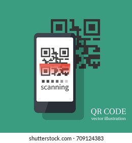 Scanning QR code on smartphone. Modern digital technology. Scanning with card quick code. Mobile phone isolated on background.. Vector illustration flat design.