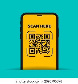 Scanning QR Code with phone and text scan here on mobile screen, vector illustration.