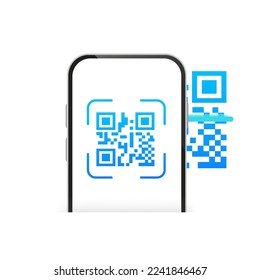 Scanning QR Code with phone and text scan here on mobile screen. QR code for smartphone. QR code for payment. Vector illustration