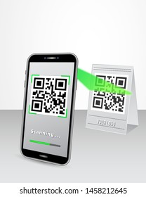 Scanning QR code product price tag using smartphone in perspective view isolated on white glossy table. Design concept for online shopping, cashless payment technology. Copy space
