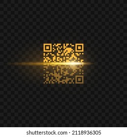 Scanning of QR code for smartphone. Scanning with golden laser light effect. Isolated on black background. Vector illustration, eps 10.