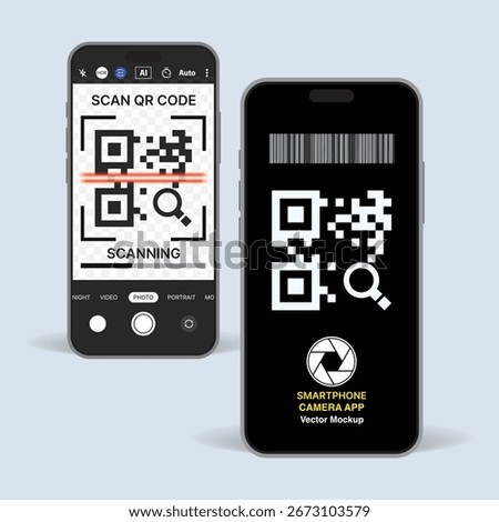 Scanning QR Code with Smartphone – Mobile Camera App UI, Barcode and QR Code on Phone Screen Vector Illustration