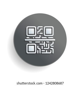 Scanning QR code. Technology icon. White paper symbol on gray round button or badge with shadow
