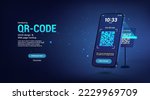 Scanning the QR code through a smartphone at the stand. Verification QR code. Concept following a link. 3D smartphone scans the barcode from the stand, receives a link. Vector banner barcode concept