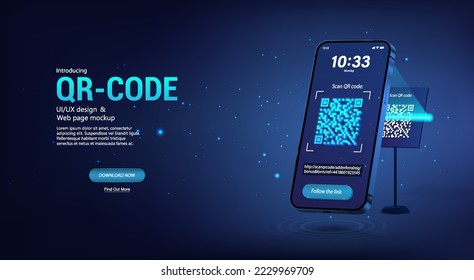 Scanning the QR code through a smartphone at the stand. Verification QR code. Concept following a link. 3D smartphone scans the barcode from the stand, receives a link. Vector banner barcode concept