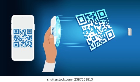Scanning the QR code through a smartphone. Present and show QR code to the reader. Mobile and access control application. QR code scanning in smartphone. Vector.
