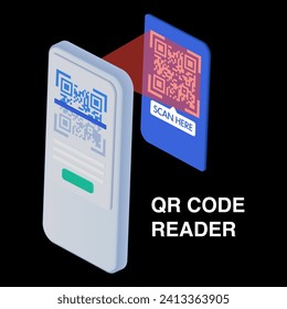 Escanear código QR a través de un smartphone en un papel. Verificación de código QR. El smartphone de caricatura 3D escanea el código de barras desde el papel, el código qr y recibe un enlace. Vector.