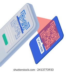 Scanning QR code through a smartphone on a paper. QR code Verification. 3D cartoon smartphone scans the barcode from the paper, qr code and receives a link. Vector.