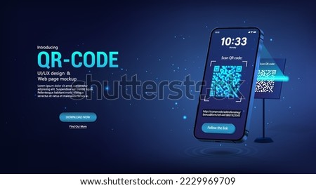 Scanning the QR code through a smartphone at the stand. Verification QR code. Concept following a link. 3D smartphone scans the barcode from the stand, receives a link. Vector banner barcode concept ストックフォト © 
