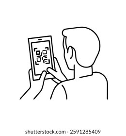 Scanning a QR code using his smartphone, QR code payments concept, line art vector illustration