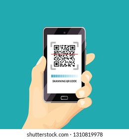Scanning QR code using mobile phone in hand. Vector illustration in cartoon simple flat style.