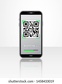 Scanning QR code using smartphone isolated on white glossy table. Online shopping, mobile app, cashless payment technology concept