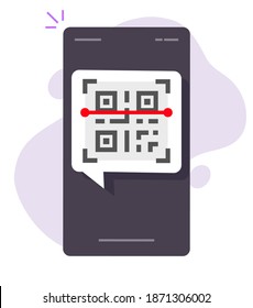 Scanning qr code via mobile cellphone or smartphone app icon vector flat cartoon illustration isolated design
