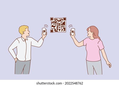 Scanning QR codes with phone concept. Young couple man and woman standing holding smartphones and scanning QR codes on picture together online vector illustration 