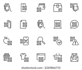 Scanning QR codes. Scanning process for payment. Goods with qr codes. Vector Line Icons Set. Editable Stroke. Pixel Perfect.