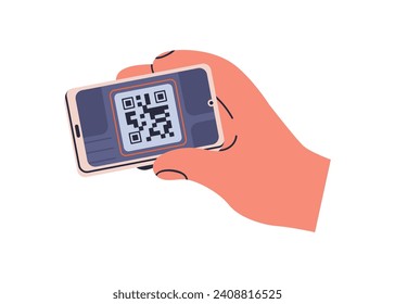 Scanning QR-code with mobile scanner app, holding smart phone in hand. Using QRcode reader on smartphone screen for payment, information. Flat vector illustration isolated on white background