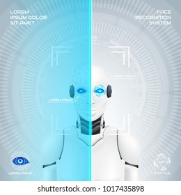 Scanning system of robot cybernetic organism. Concept of mechanical humanoid with virtual HUD interface with augmented reality. Vector illustration. Abstract techno background with cyborg.