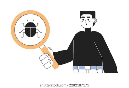 Scanning-System auf Viren-Linie Konzept Vektorgrafik. Bearbeitbarer 2D-flacher Cartoon-Charakter auf weiß für Web-Design. Bug Tester Job kreative Line Art Idee für Website, Mobil, Blog