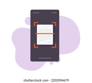 Scanning text document using mobile cell phone vector illustrated, cellphone smartphone recognize scan app on screen via camera