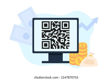 scans the qr code on the computer monitor via his smartphone, which provides cyber security.vector
