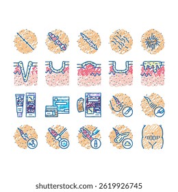 Scar After Trauma Or Surgery doodle icons set vector. Hyperpigmentation Hypertrophic Acne, Injection Treatment Chemical Peel, Laser Removal Surgical Procedure Scar  sketch hand drawn