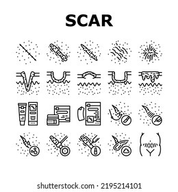 Scar After Trauma Or Surgery Icons Set Vector. Hyperpigmentation And Hypertrophic Acne, Injection Treatment And Chemical Peel, Laser Removal And Surgical Procedure Scar Black Contour Illustrations svg