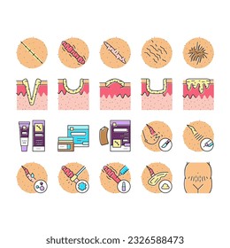 Scar After Trauma Or Surgery Icons Set Vector. Hyperpigmentation And Hypertrophic Acne, Injection Treatment And Chemical Peel, Laser Removal And Surgical Procedure Scar Color Illustrations