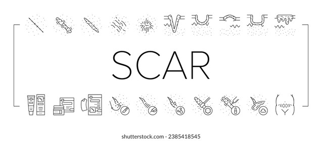 Scar After Trauma Or Surgery Icons Set Vector. Hyperpigmentation And Hypertrophic Acne, Injection Treatment And Chemical Peel, Laser Removal And Surgical Procedure Scar Black Contour Illustrations