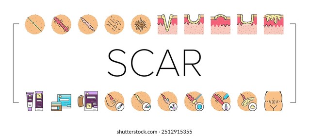 Cicatriz Após Trauma Ou Cirurgia Ícones Definir Vetor. Hiperpigmentação E Acne Hipertrófica, Tratamento De Injeção E Descamação Química, Remoção A Laser E Procedimento Cirúrgico Ilustrações De Cores De Cicatriz