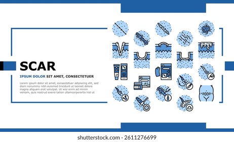 Scar After Trauma Or Surgery Landing Web Page Vector. Hyperpigmentation And Hypertrophic Acne, Injection Treatment And Chemical Peel, Laser Removal And Surgical Procedure Scar Illustration