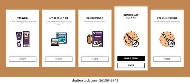 Scar After Trauma Or Surgery onboarding mobile vector. Hyperpigmentation And Hypertrophic Acne, Injection Treatment And Chemical Peel, Laser Removal And Surgical Procedure Scar Color Illustrations