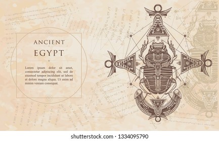 Scarab, ancient Egypt, mythology. Symbol of pharaoh, gods Ra. Renaissance background. Medieval manuscript, engraving art 