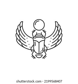 Scarab, símbolo de la Antigua Egipto y signo vectorial de la religión o mitología egipcia. Antiguo amuleto egipcio de escarabajo escarabajo, mitología egipcia y deidad cultural en delgada línea