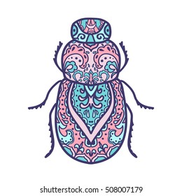 Scarab beetle. Animals. Hand drawn doodle insect. Ethnic patterned vector illustration. African, indian, totem, tribal, zentangle design. Sketch for adult coloring page, tattoo, print or t-shirt.
