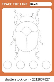 Scarab beetle. egyptian bug.  Dung beetle. Preschool worksheet for practicing fine motor skills - tracing dashed lines. Tracing Worksheet. Illustration and vector outline - A4 paper ready to print.