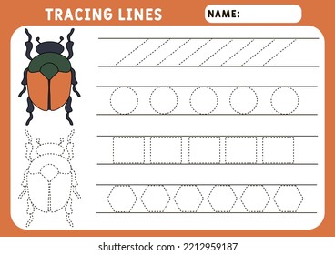 Scarab beetle. egyptian bug.  Dung beetle. Preschool worksheet for practicing fine motor skills - tracing dashed lines. Tracing Worksheet. Illustration and vector outline - A4 paper 