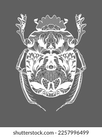 Scarab beetle. Floral lace ornament. Vector illustration