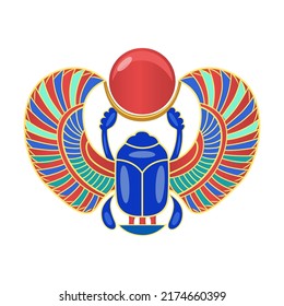 Scarab beetle. Golden symbols of ancient Egypt vector illustration. Cartoon Sphynx, Nefertiti, pharaoh statue, monuments, sarcophagus isolated on white