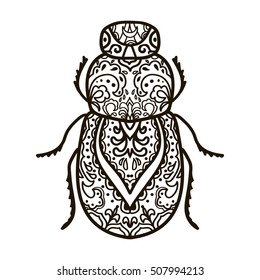 Scarab beetle. Hand drawn doodle insect. Ethnic patterned vector illustration. African, indian, totem, tribal, zentangle design. Sketch for adult coloring page, tattoo, posters, print or t-shirt.