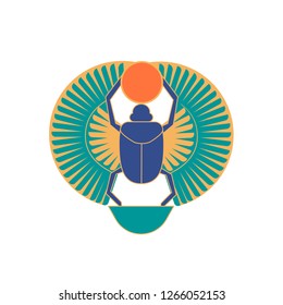 Scarab beetle holding sun, ancient Egyptian hieroglyphic sign or logograph isolated on white background. Historical artefact, religious amulet, symbol of rebirth. Colorful vector illustratration.