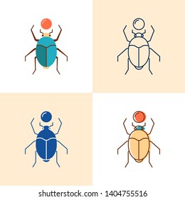 Scarab beetle icon set in flat and line style. Ancient Egypt insect symbol. Vector illustration.