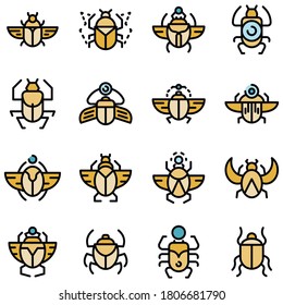 Scarab beetle icons set. Outline set of scarab beetle vector icons thin line color flat on white