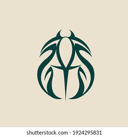 Scarab beetle insect icon.Flat color bug.Animal shape isolated on light background.Vector illustration.Abstract decorative style.Ornamental elements.Dark green color.
